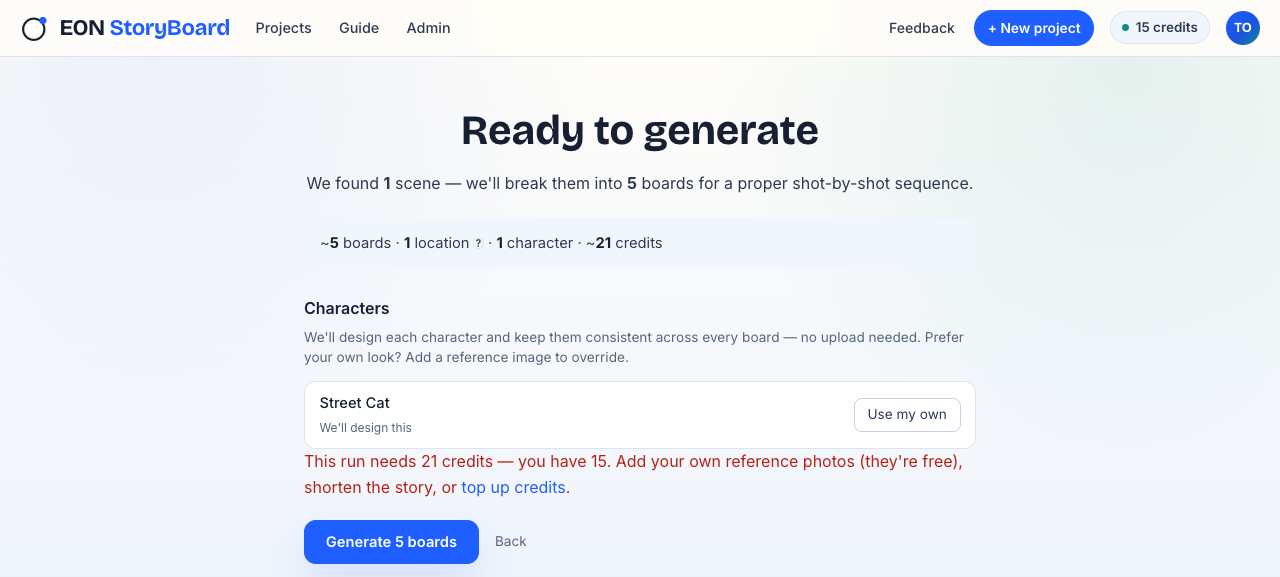 Simple mode 'Ready to generate' preview — scene count, cast auto-design, credits estimate