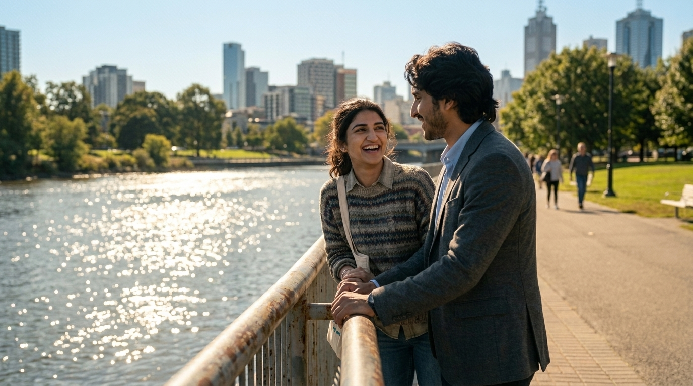 Riverside — Nisha and Ethan at the railing, city skyline behind.
