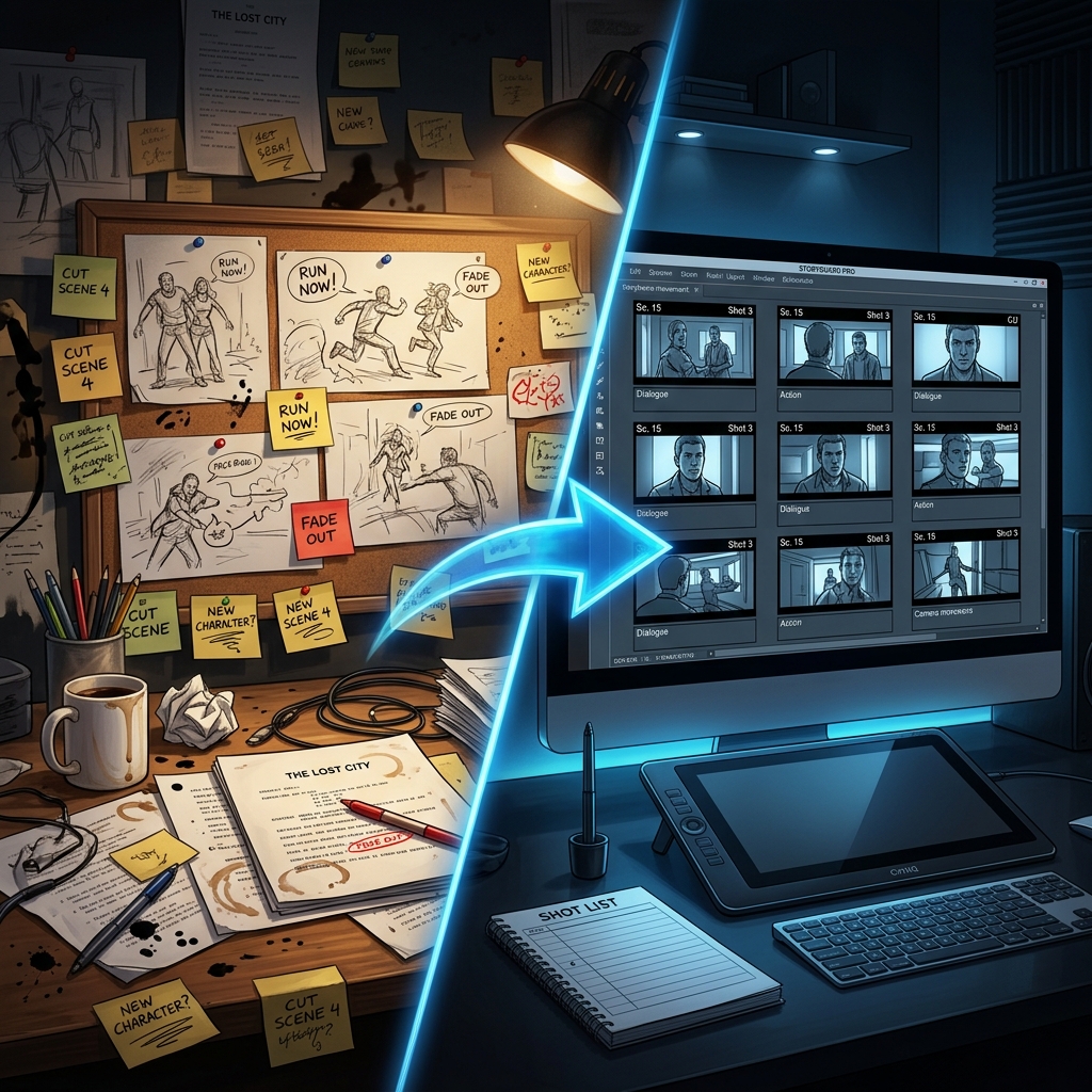 Transformation from chaotic pre-production to organized digital storyboard workspace