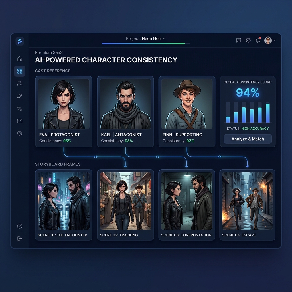 AI-powered character consistency showing cast references linked to storyboard frames