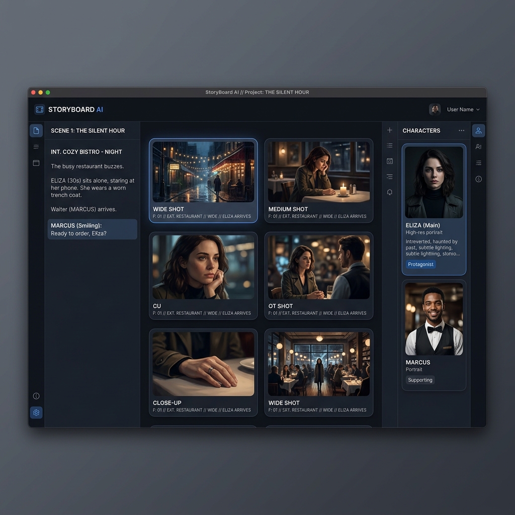 StoryBoard workspace showing script, storyboard frames, and character references