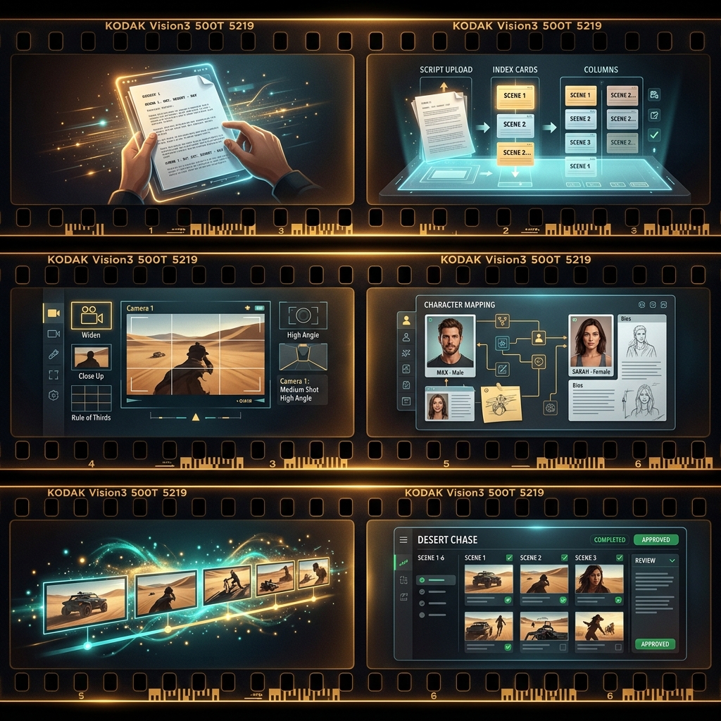 Six-step workflow from script upload to storyboard review, shown as a cinematic film strip